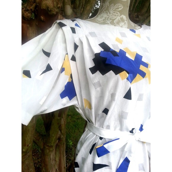 VTG Boxy Geometric shiny square abstract kimono art deco 80s belt shift Dress L - Picture 3 of 11